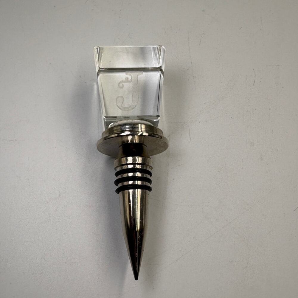 Monogram J Wine Bottle Stopper Clear Glass Crystal Silver Tone Personalized